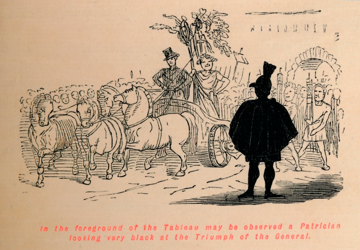 In primo piano del Tableau si può osservare un patrizio che guarda molto nero al trionfo da John Leech