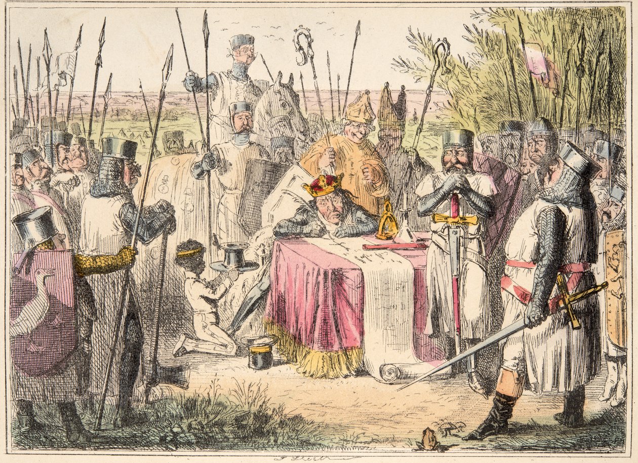 Re Giovanni firma la Magna Carta, da The Comic History of England, pub. 1864 da John Leech