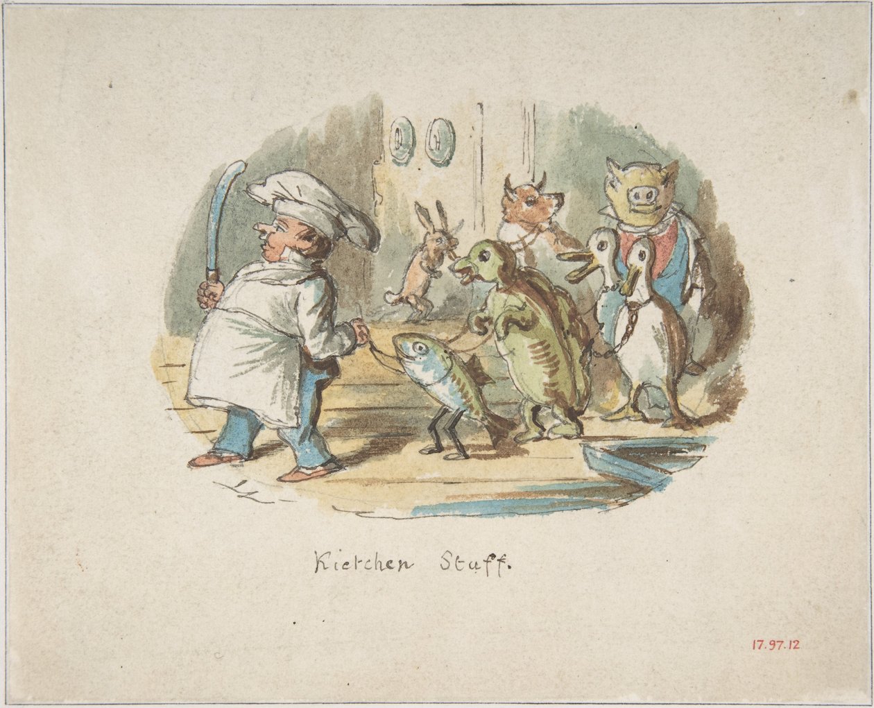 Personale di cucina (fronte); Paesaggio montano con escursionista (retro) da John Leech