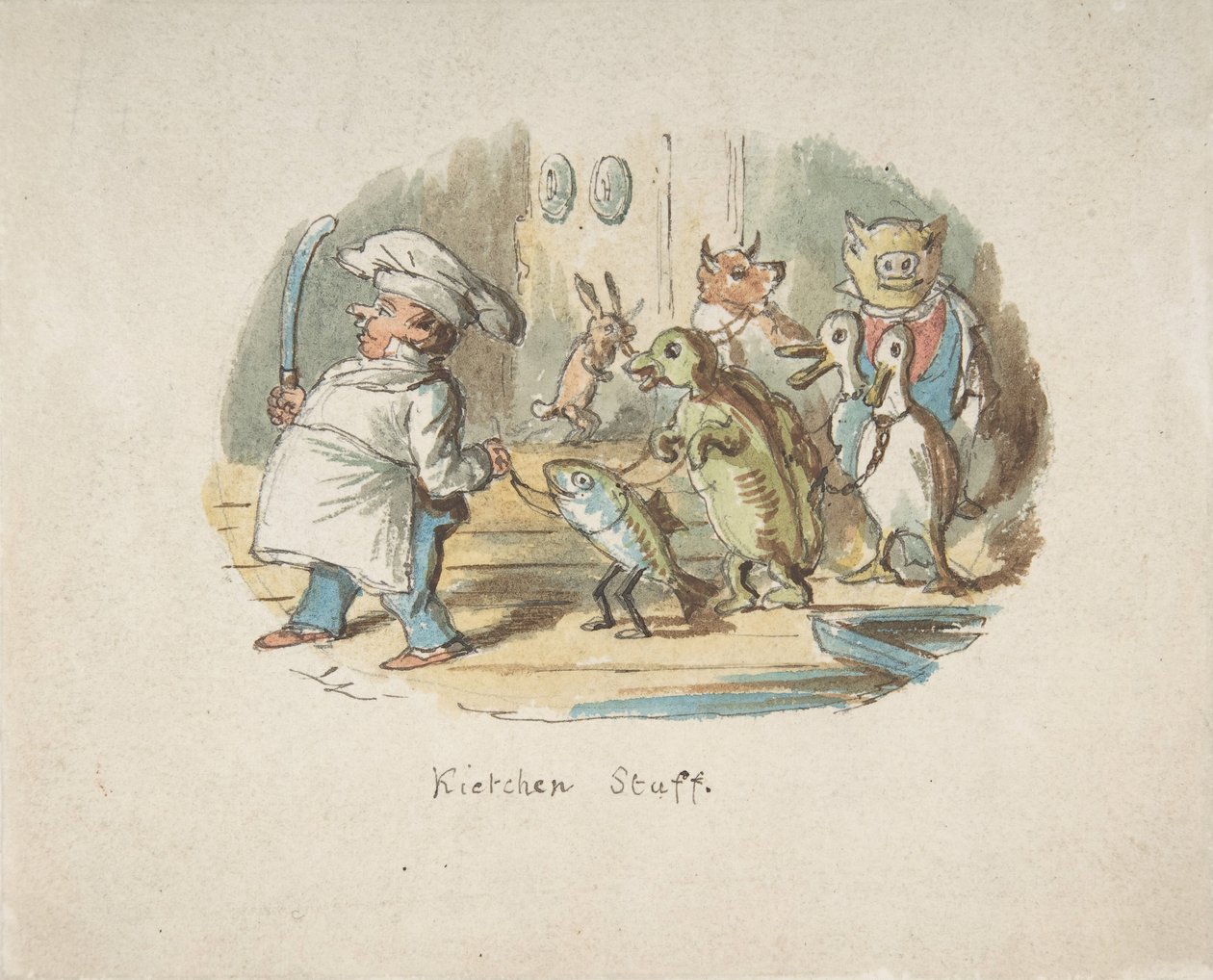 Personale di cucina (recto), Paesaggio montuoso con escursionista (verso), 1837-64 da John Leech