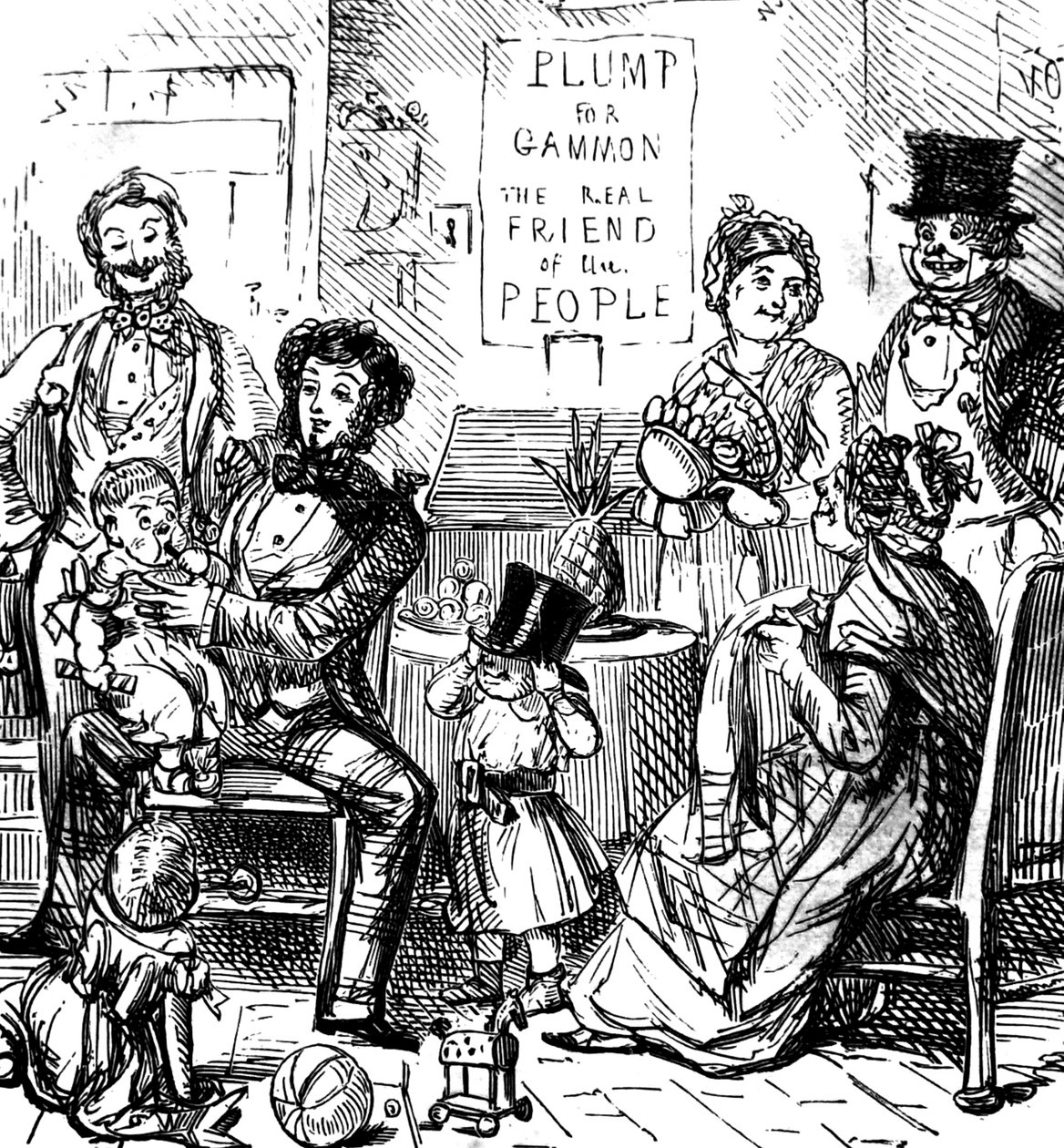 Membri di una famiglia di prima classe che trascorrono del tempo insieme in un negozio da John Leech