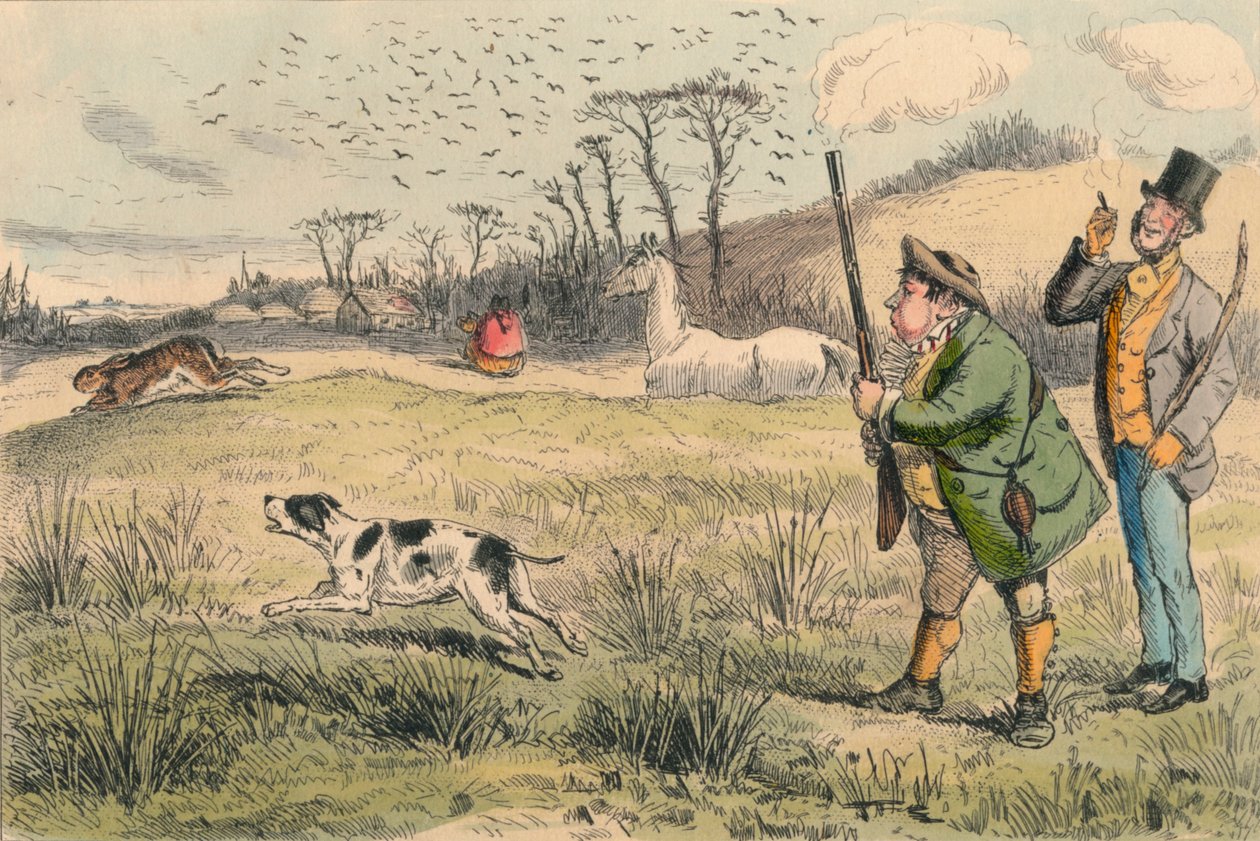 Mr. Jogglebury Crowdey con il suo cane e il suo fucile, c1860s da John Leech