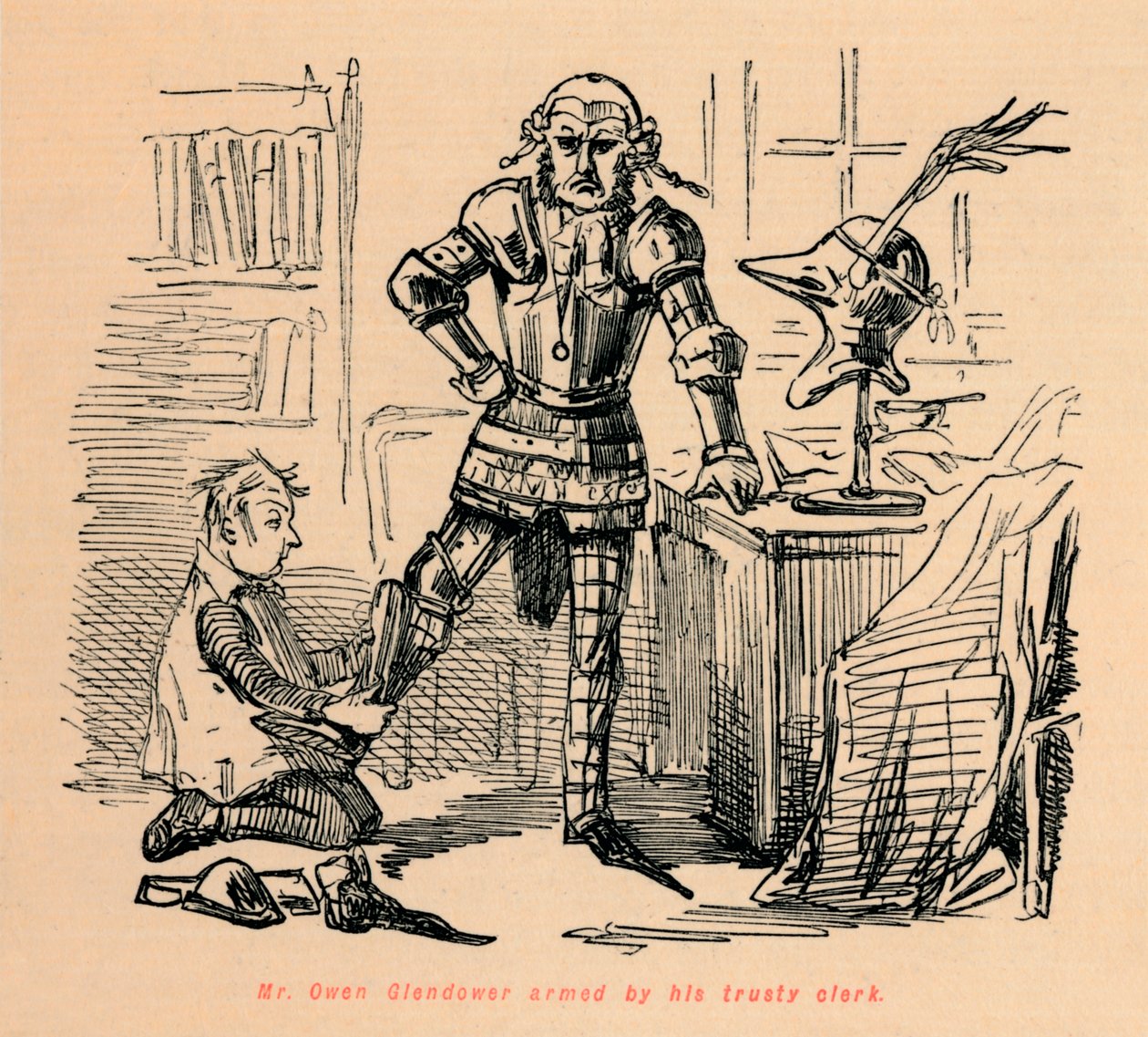 Il signor Owen Glendower armato dal suo fidato impiegato, c1860 da John Leech