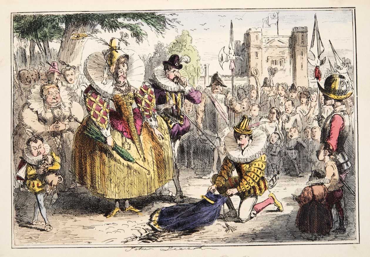 La regina Elisabetta e Sir Walter Raleigh, da The Comic History of England, pub. 1864 da John Leech