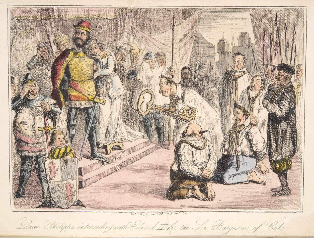 La regina Filippa intercede con Edoardo III per i sei borghesi di Calais, da The Comic History of England, pub. 1864 da John Leech