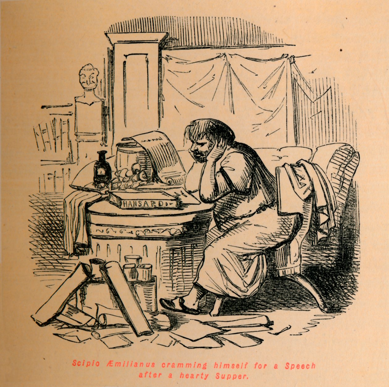 Scipione Emiliano che si prepara per un discorso dopo una cena abbondante, 1852 da John Leech