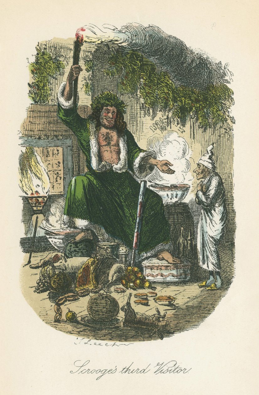 Il fantasma del Natale presente appare a Scrooge. Illustrazione di John Leech per 