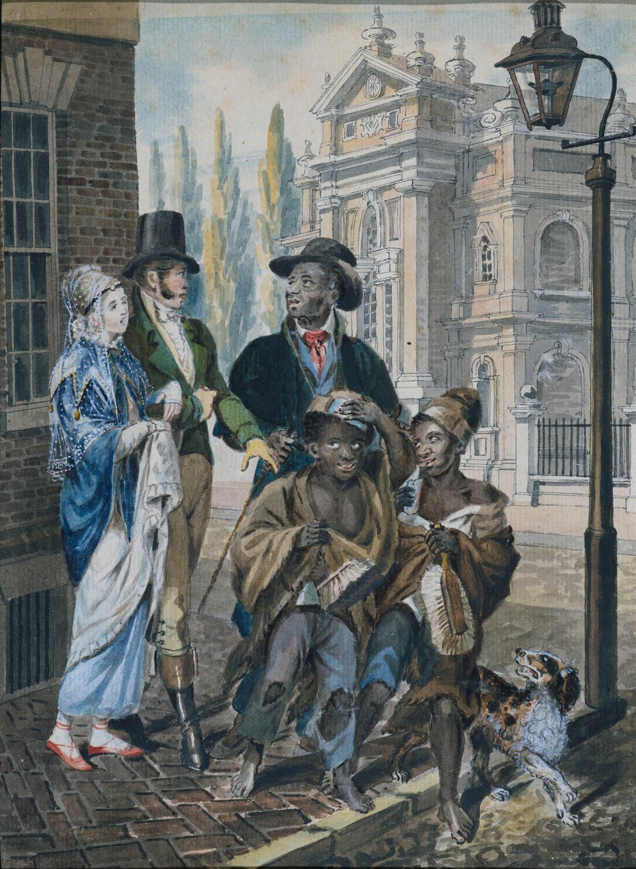 Gente mondana che interroga spazzacamini e il loro maestro davanti alla Christ Church..., 1811-ca. 1813 da John Lewis Krimmel
