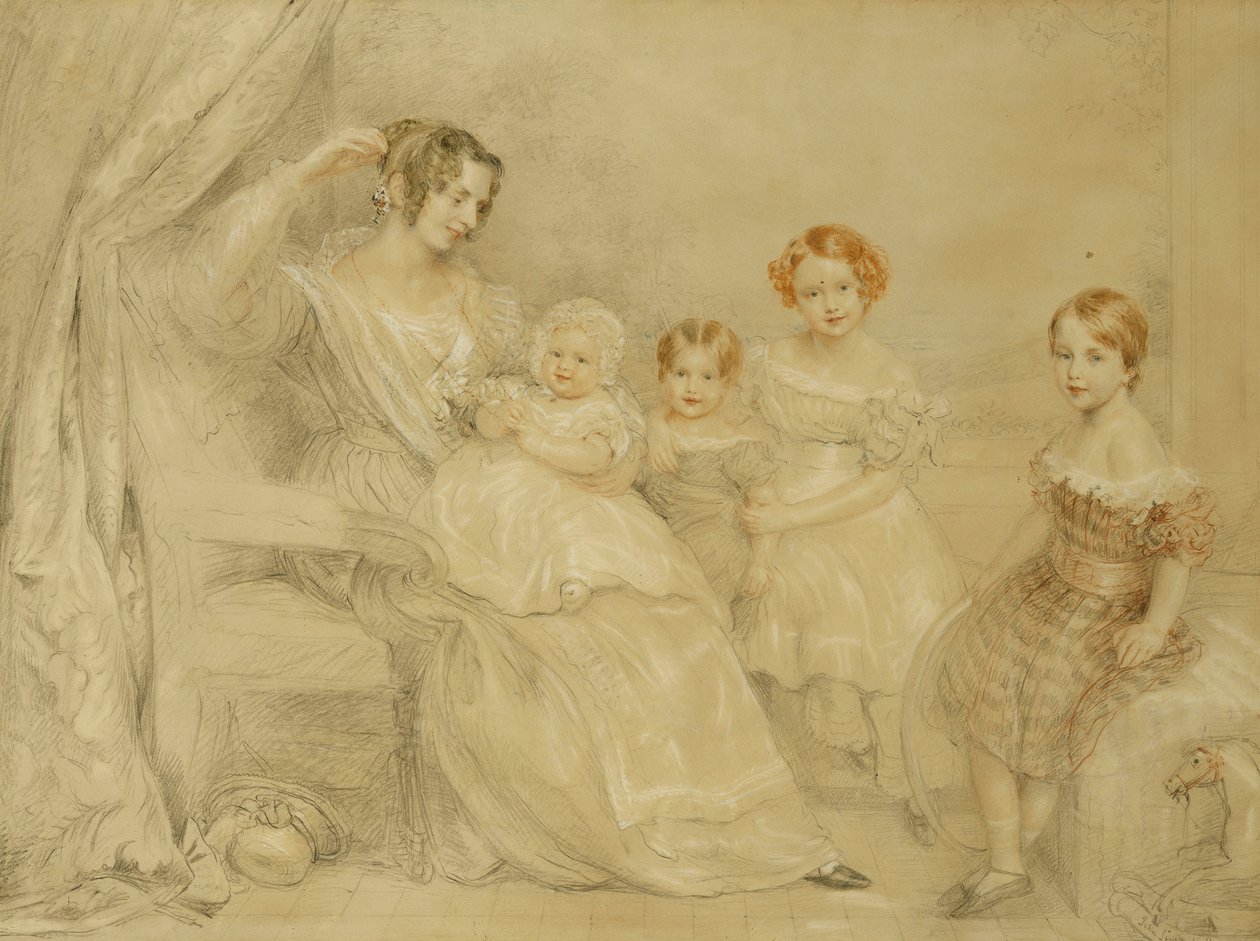 Ritratto della signora W.S. Fry e dei suoi quattro figli: Emma, Willy, Julie e Georgina, seduti in un interno, 1840 da John Linnell