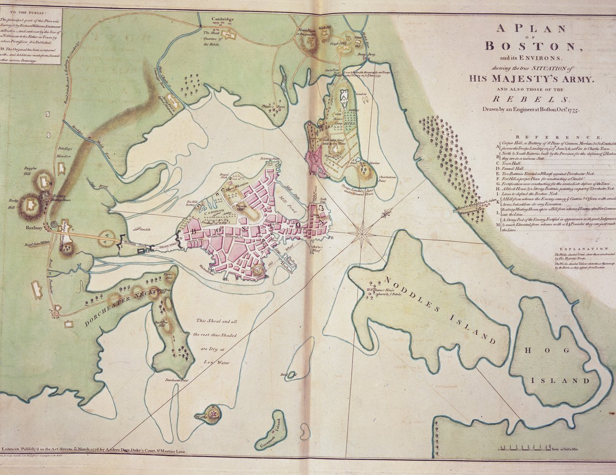 Piano di Boston e dei suoi dintorni che mostra la posizione delle forze britanniche e delle forze ribelli americane, disegnato ottobre 1775, stampato in 