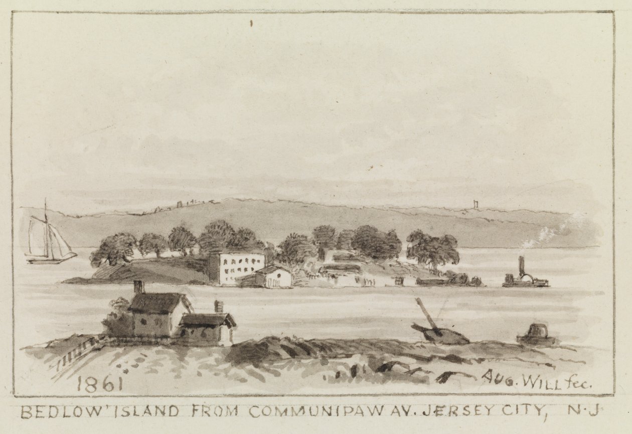 Isola di Bedlow da Communipaw Av., Jersey City, N.J., 1861 da John M. August Will