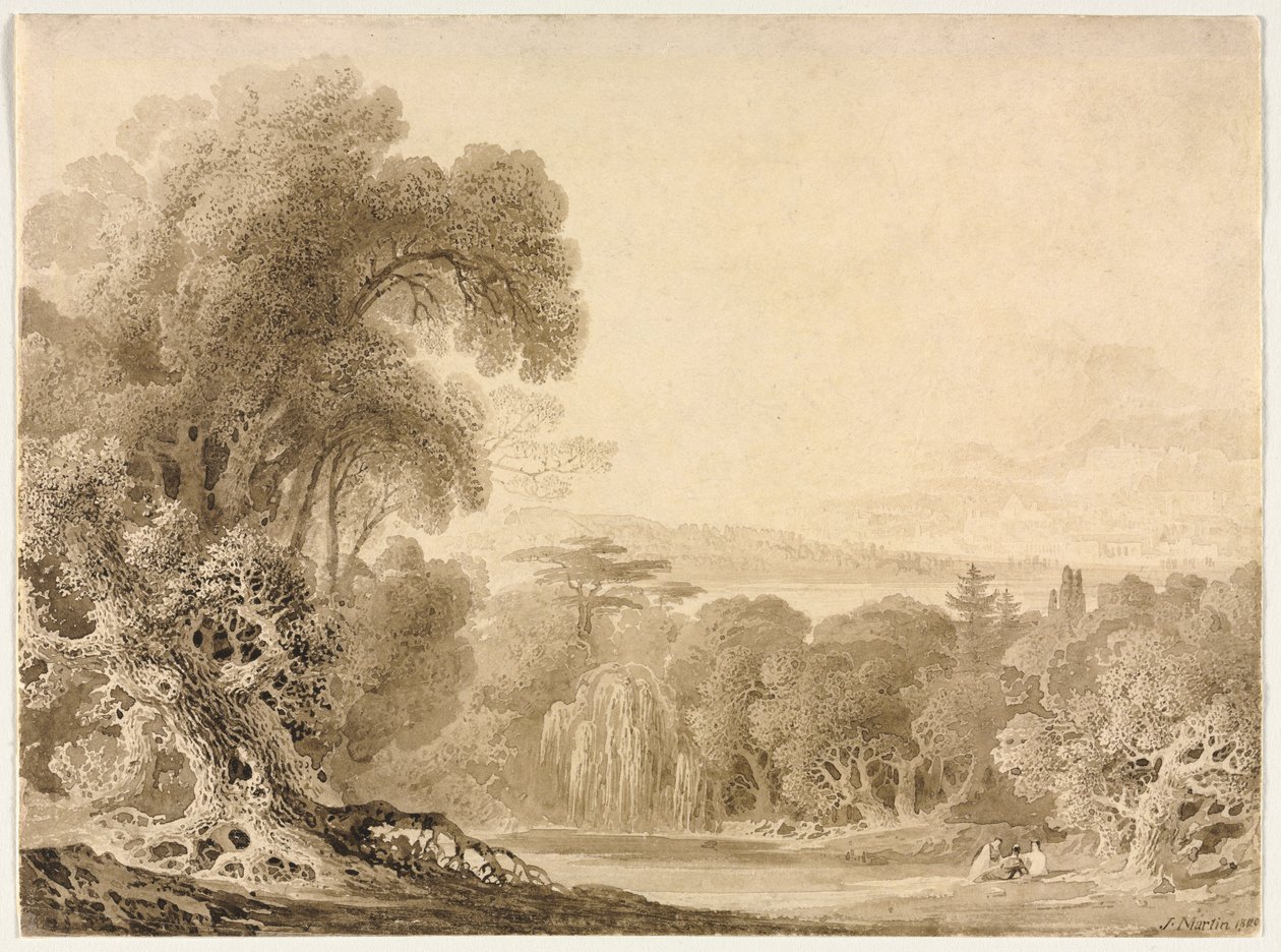 Figure sedute vicino a un lago in un paesaggio boscoso da John Martin