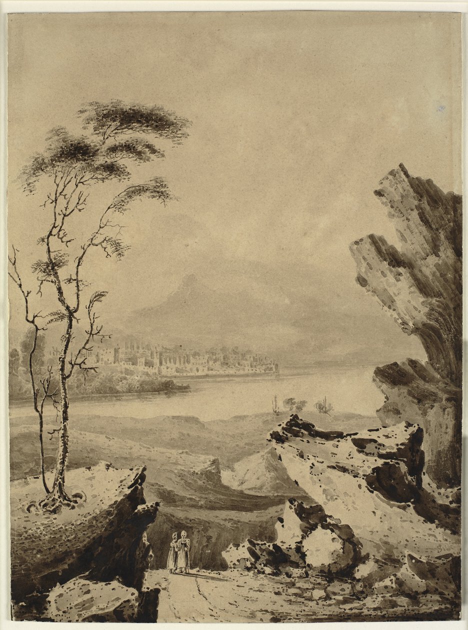 Paesaggio italianeggiante con lago, città e montagne sullo sfondo da John Martin