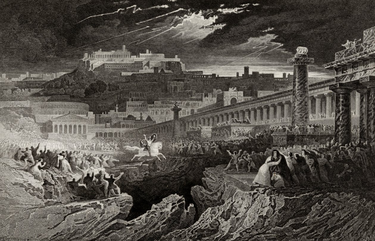 Marco Curzio che cavalca nel baratro, inciso da H. Le Keux da John Martin