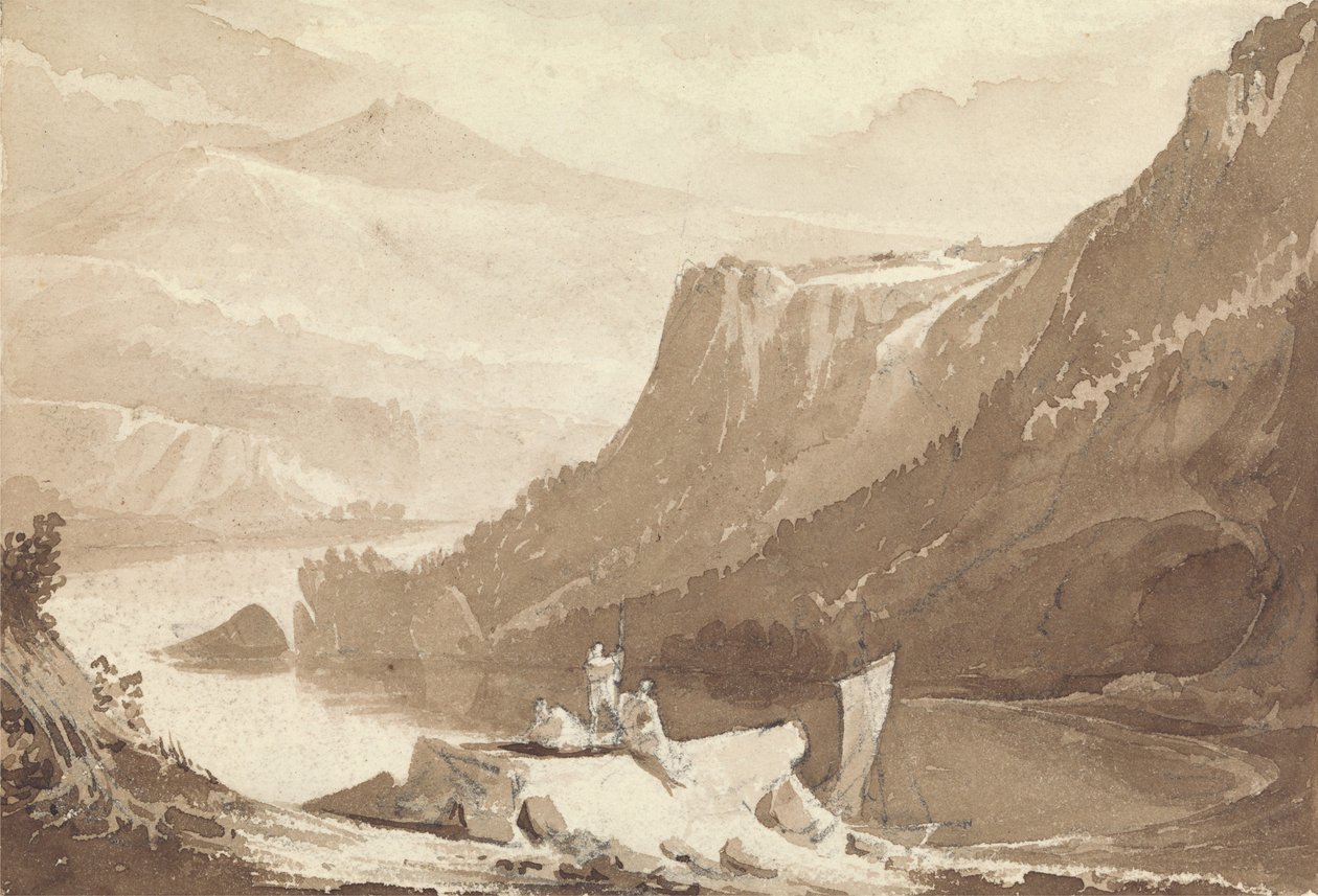 Paesaggio montuoso con figure e una roccia sopra un lago da John Martin