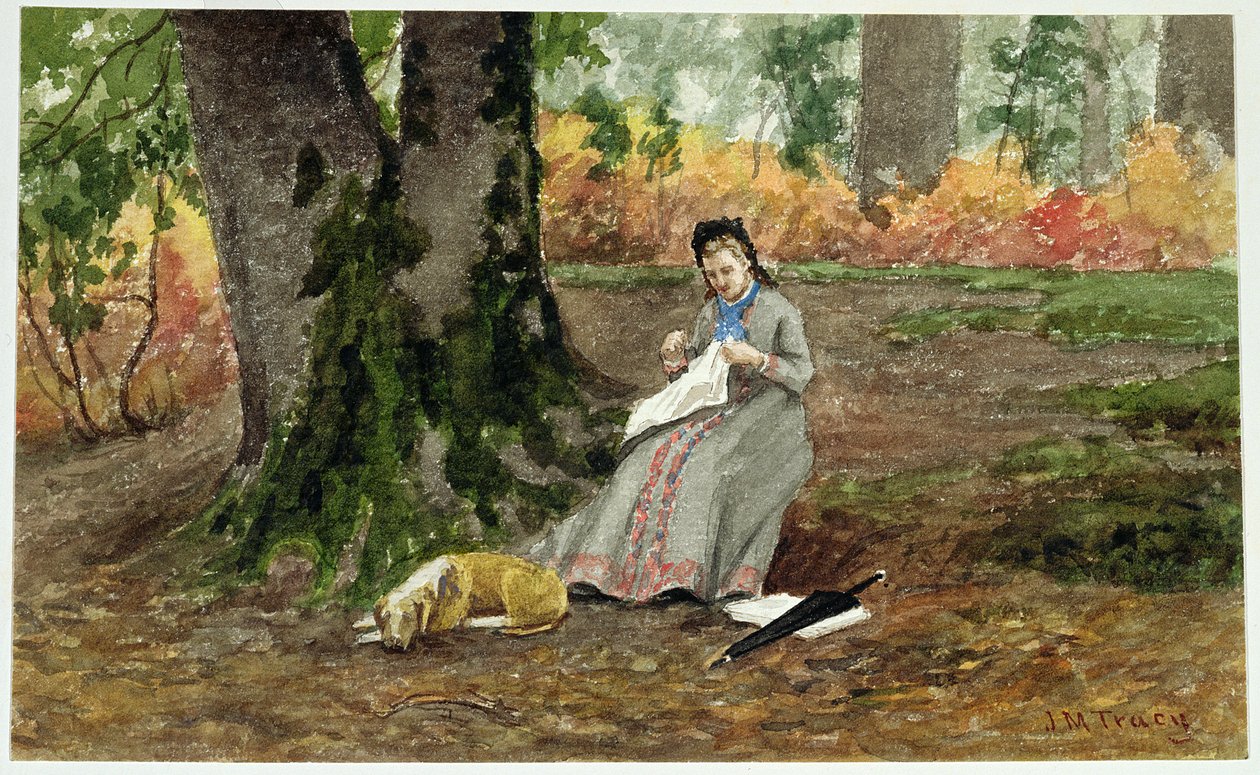 Donna che Ricama Sotto un Albero da John Martin Tracy