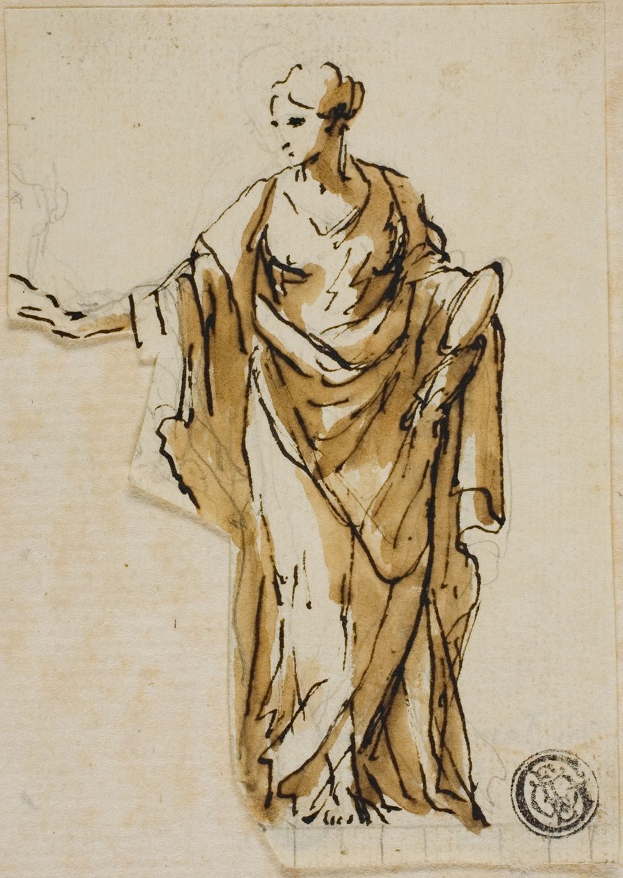 Figura femminile in piedi con la mano destra alzata da John Michael Rysbrack