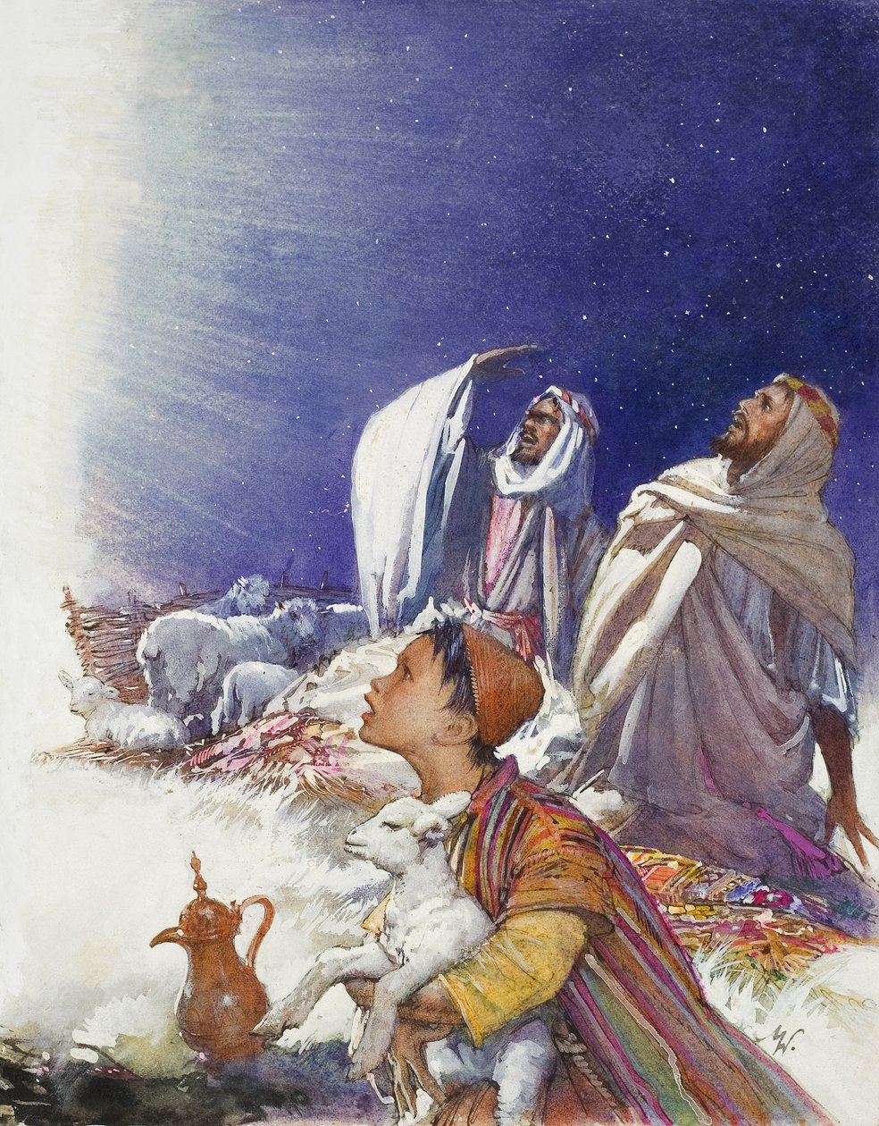 Il racconto di Natale: Il racconto dei pastori (gouache su carta) da John Millar Watt