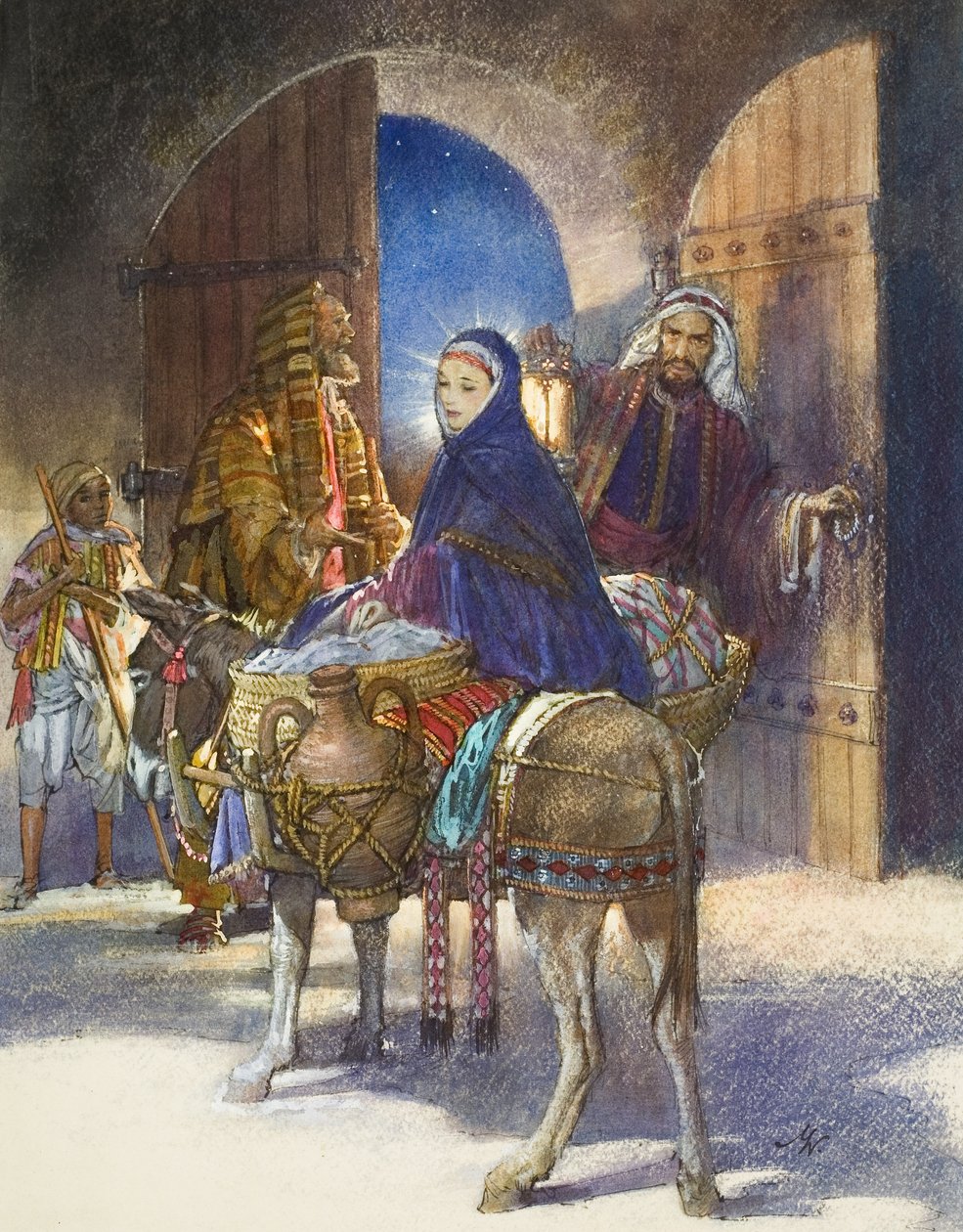 Il racconto della locandiera: Maria e Giuseppe arrivano a Betlemme (gouache su carta) da John Millar Watt