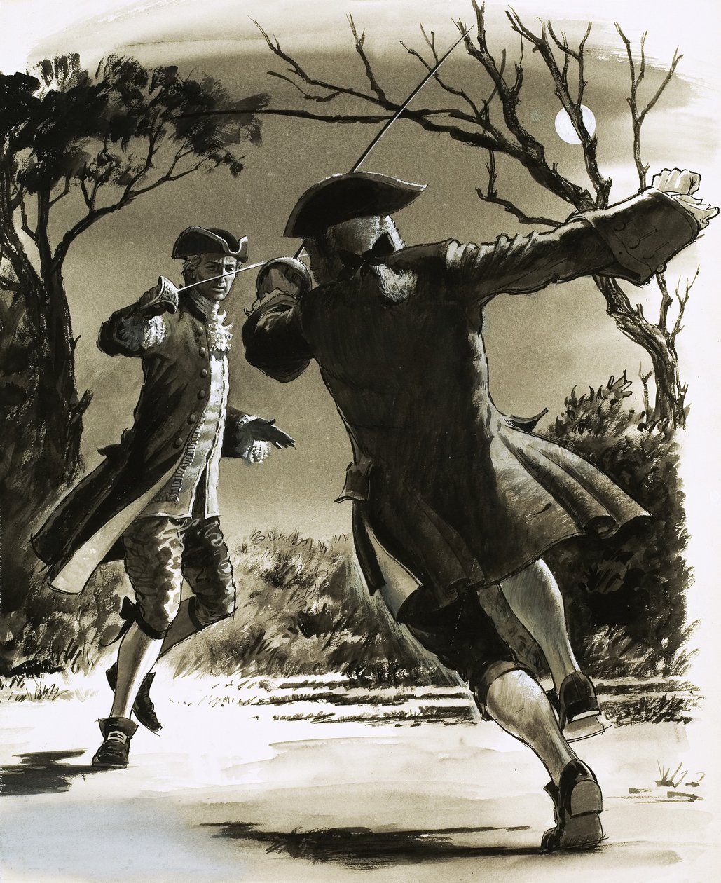 Uomini non identificati che duellano con le spade al chiaro di luna da John Millar Watt