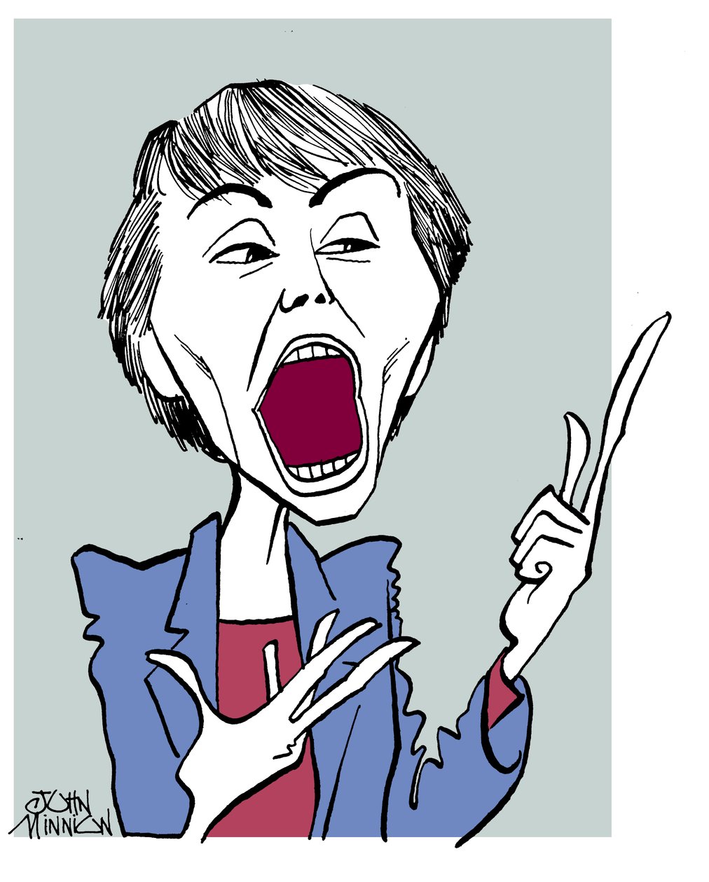 Camille Paglia - caricatura con bocca aperta da John Minnion