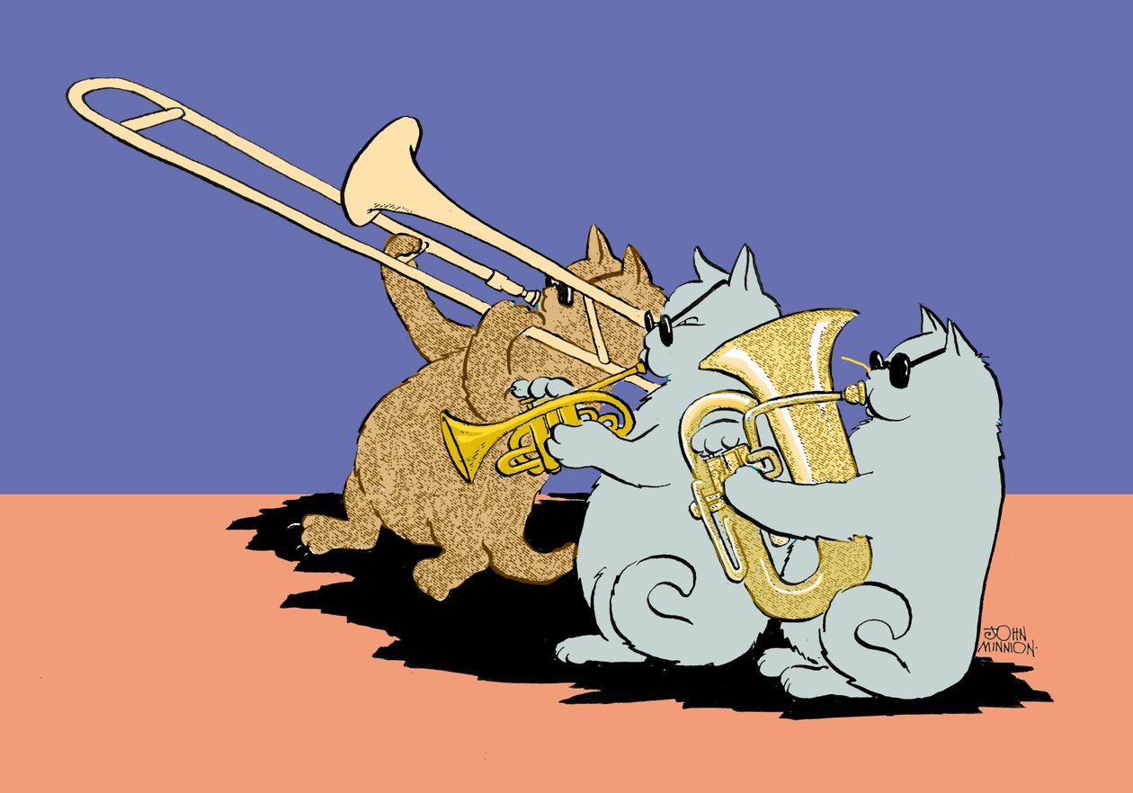 Caricatura di tre gatti con occhiali da sole che suonano il trombone, la tromba e la tuba da John Minnion
