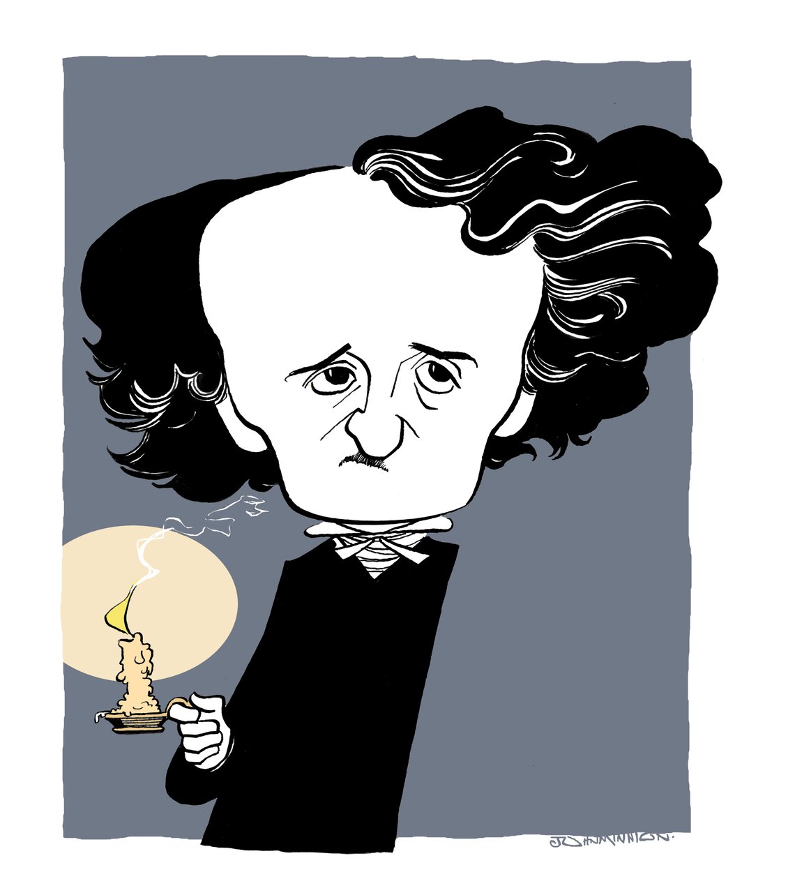 Edgar Allan Poe - caricatura, con in mano un bastone da candela da John Minnion