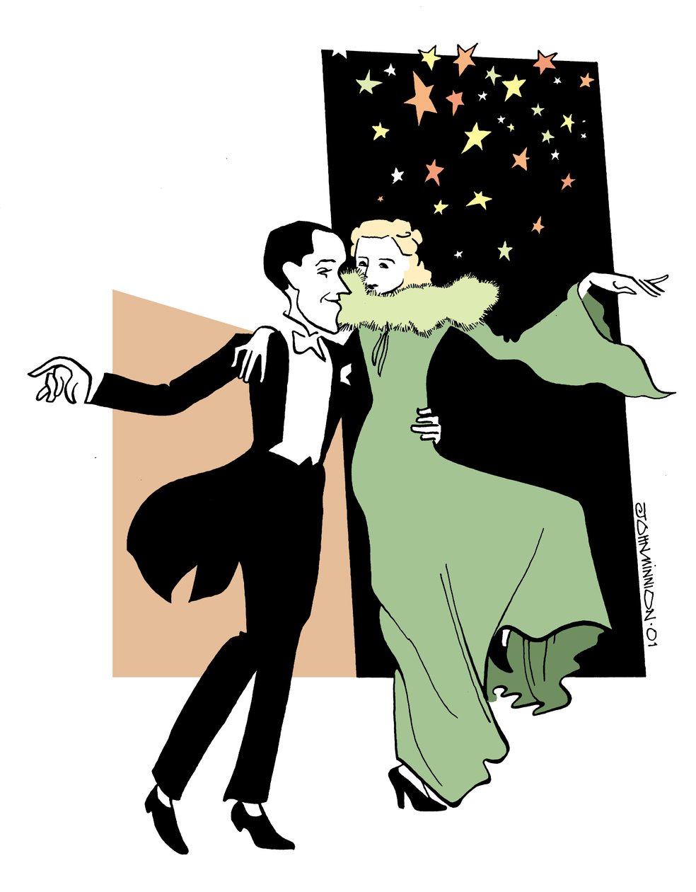 Fred Astaire e Ginger Rogers mentre ballano da John Minnion