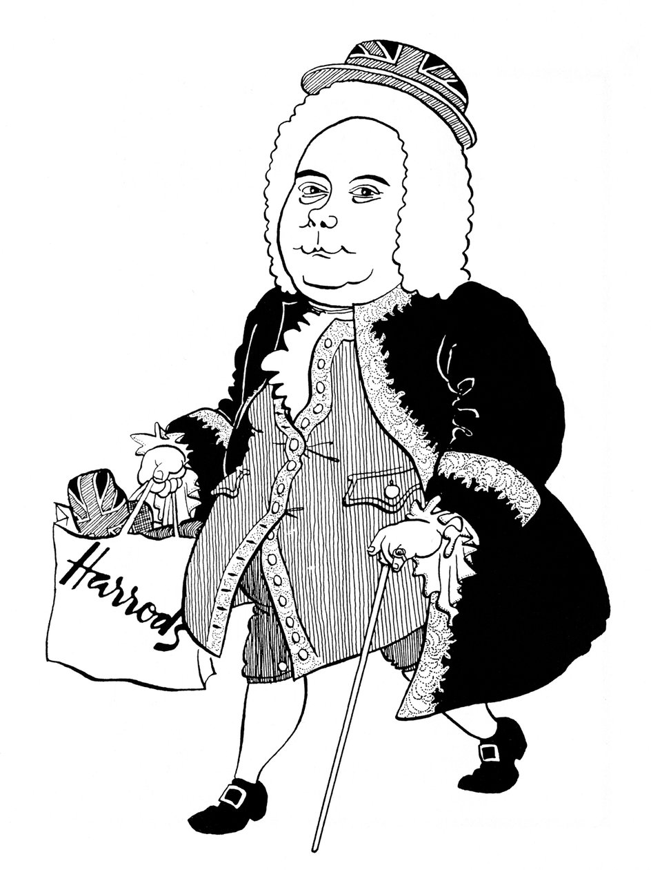 Georg Friedrich - George Frideric Handel - caricatura del compositore tedesco (poi inglese) con cappello Union Jack e borsa Harrods da John Minnion