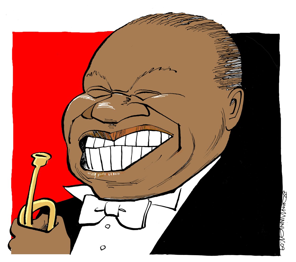 Louis Armstrong - caricatura, mentre suona la tromba da John Minnion