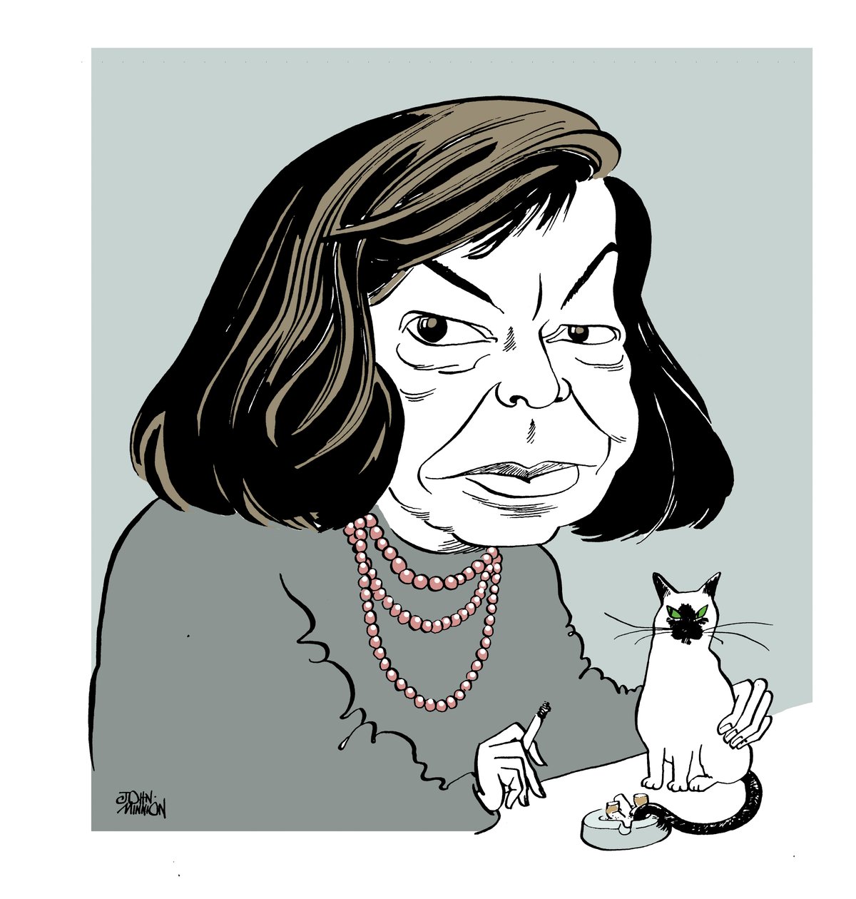 Patricia Highsmith - caricatura con il suo gatto, fumando da John Minnion