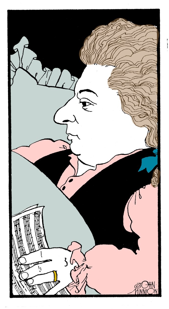 Wolfgang Amadeus Mozart - caricatura del compositore austriaco sul letto di morte da John Minnion