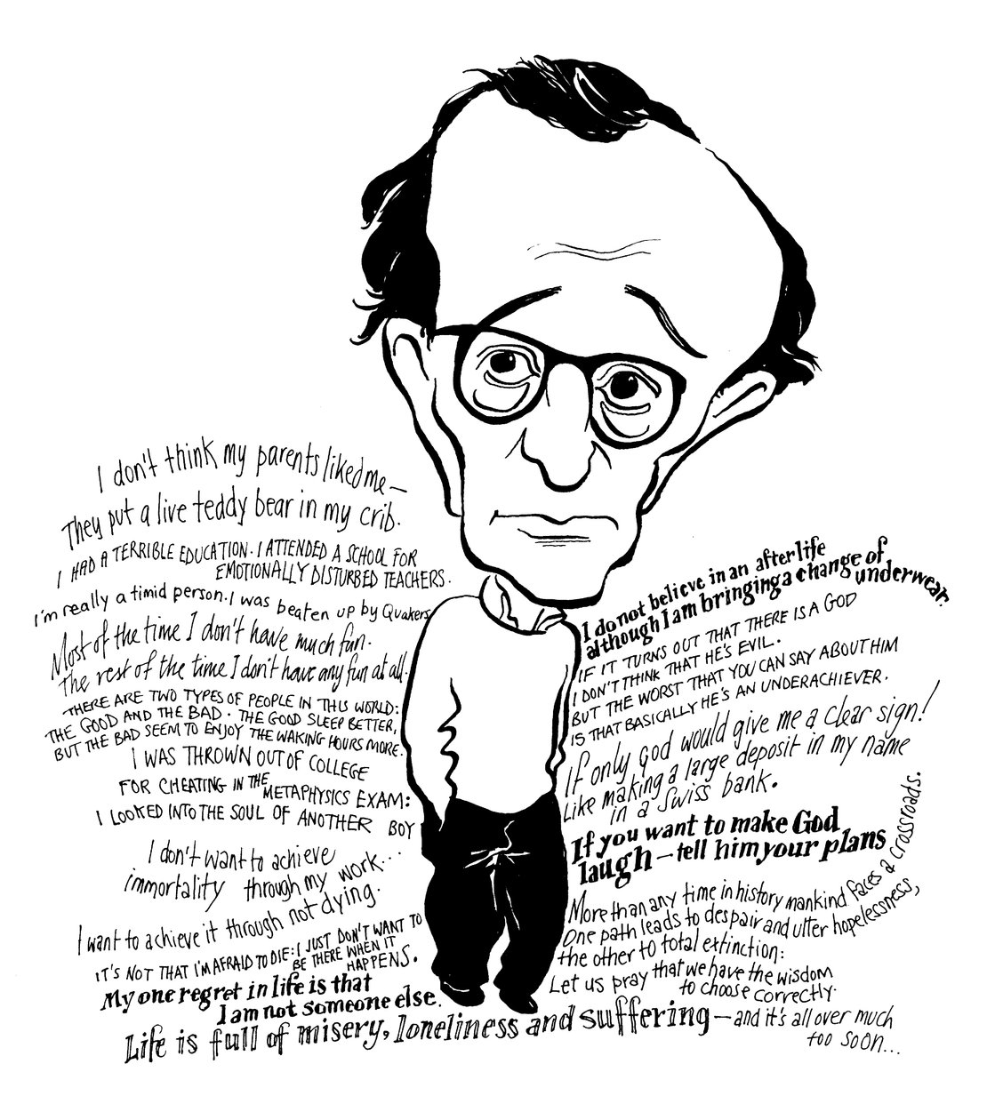 Caricatura di Woody Allen, regista, scrittore, attore, comico e commediografo americano: b da John Minnion