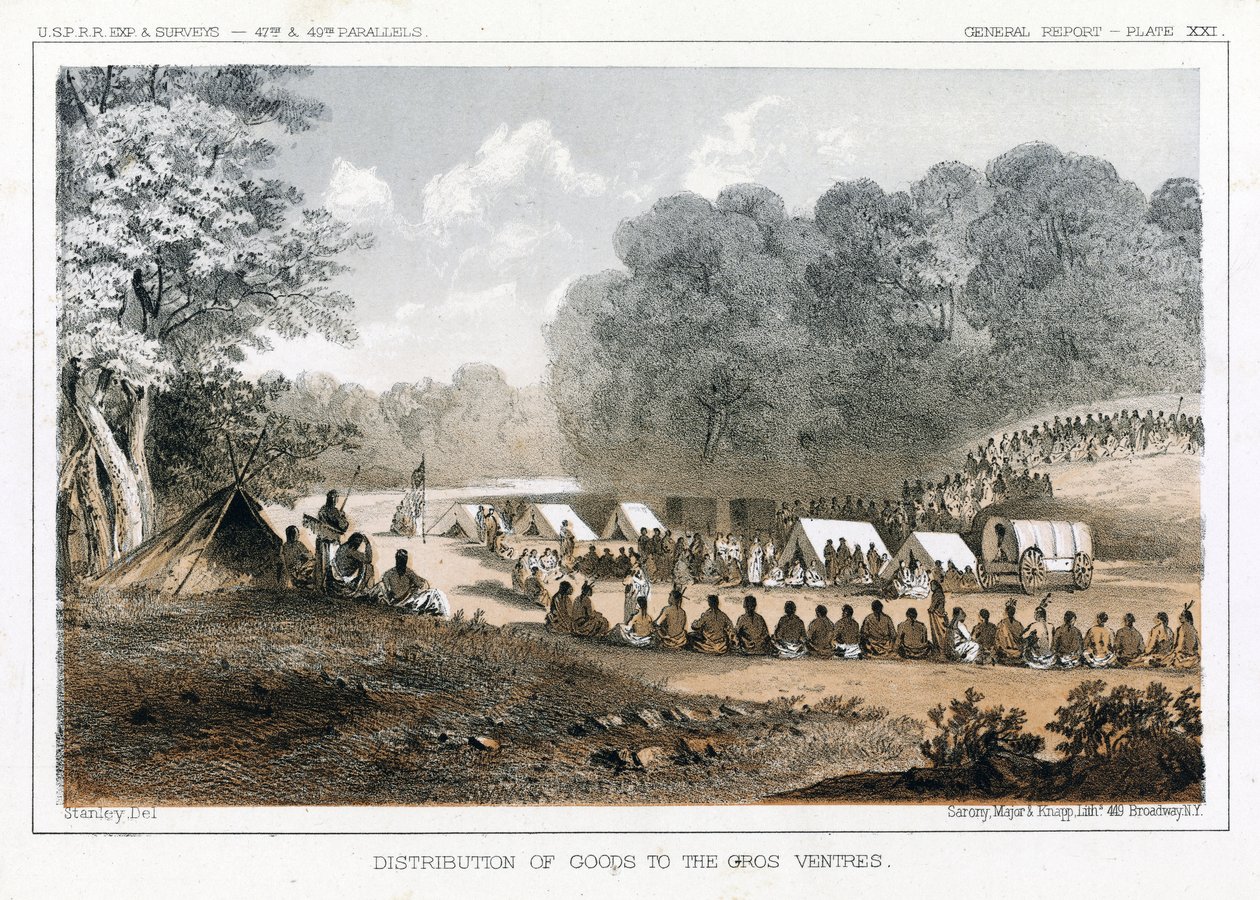 Distribuzione di beni ai Gros Ventres, pub. 1860 da John Mix Stanley