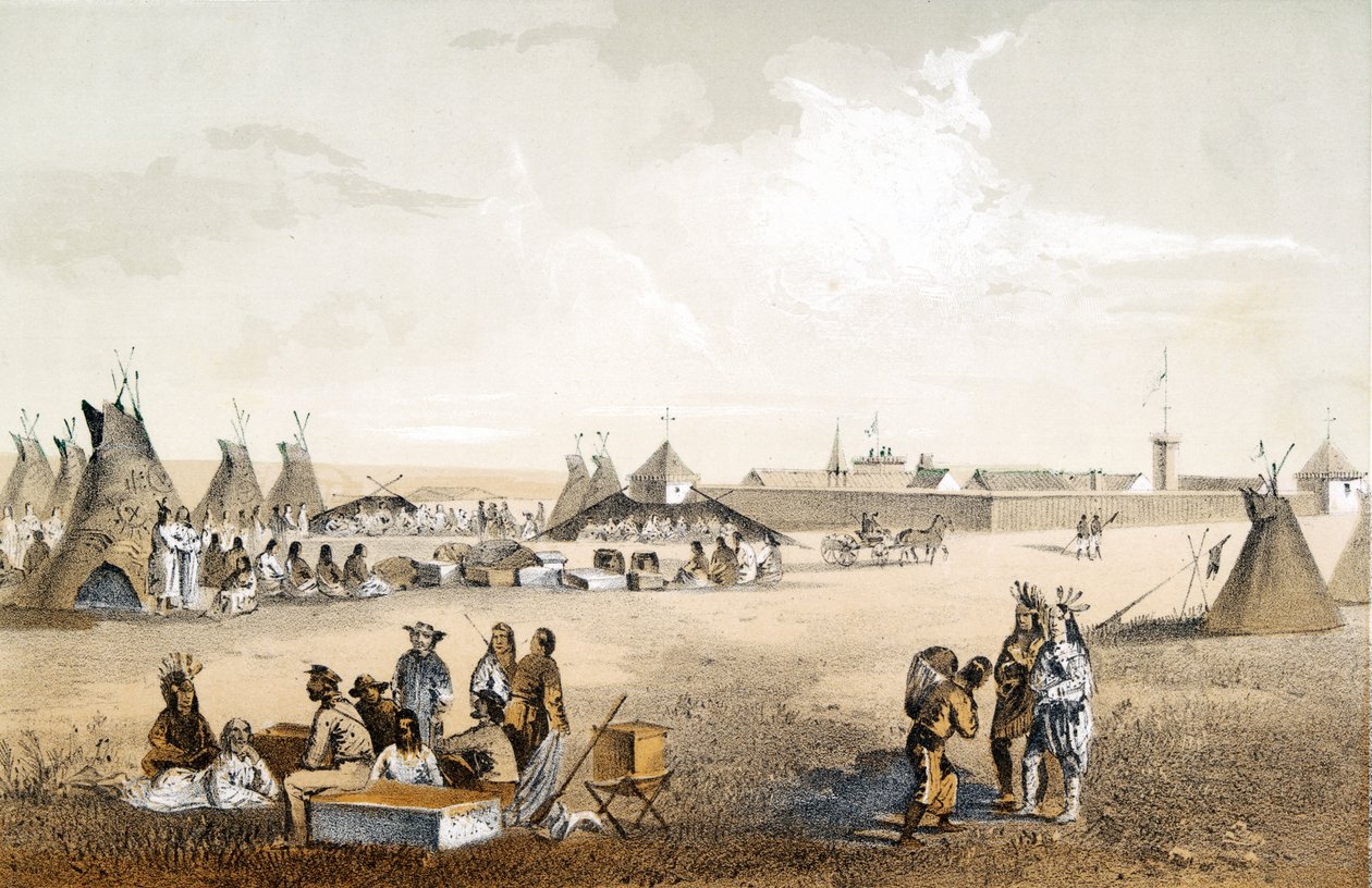 Fort Union e distribuzione di beni agli Assiniboins, pub. 1860 da John Mix Stanley