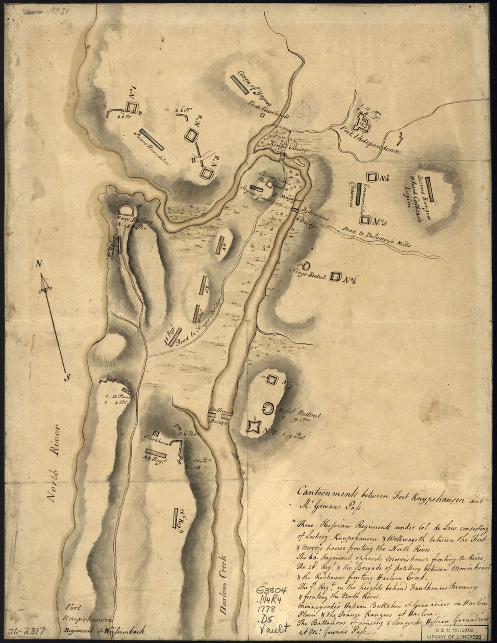 (Disposizione delle truppe britanniche, con fortificazioni a nord di Fort Knipehausen, cioè da Fort Washington a Fort Independence. LOC gm71002317 da John Montresor