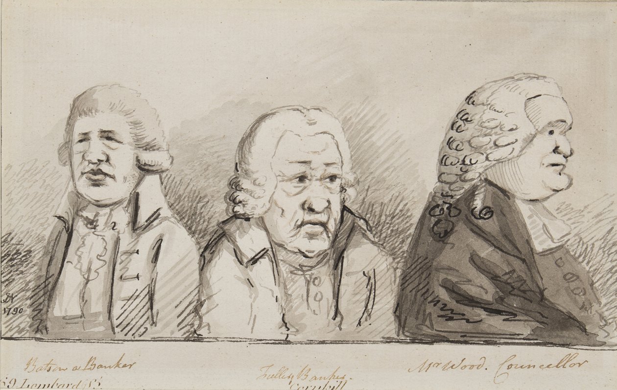 Batson, un banchiere, Tulley, banchiere, Mr Wood, consigliere, 69 Lombard Street, Cornhill, 1790 da John Nixon