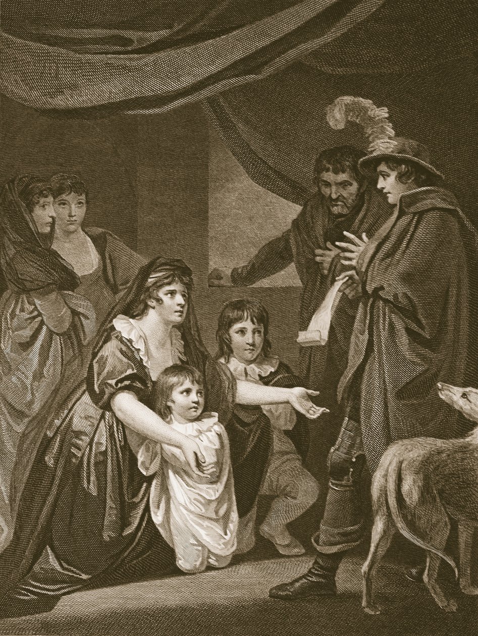 Lady Elizabeth Grey che implora Edoardo IV di proteggere i suoi figli, incisione di W. Bromley, illustrazione da 