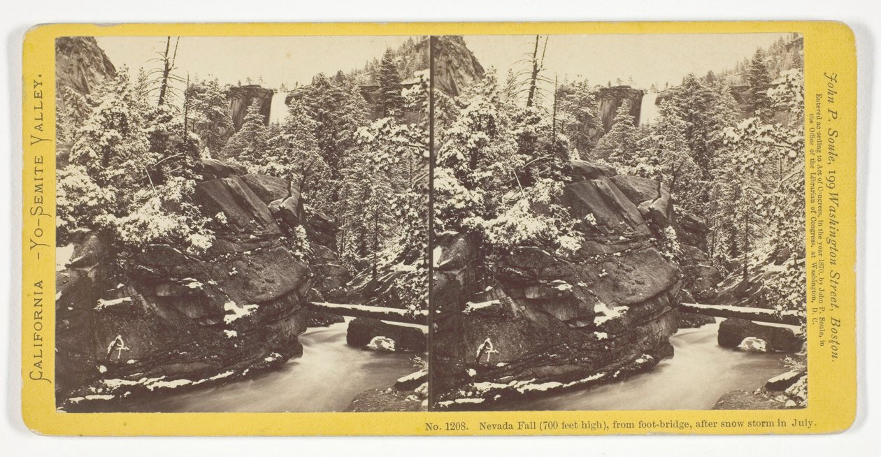 Nevada Fall (alta 700 piedi), vista dal ponte pedonale, dopo una tempesta di neve a luglio, n. 1208 della serie "California — Yo-Semite Valley" da John P. Soule