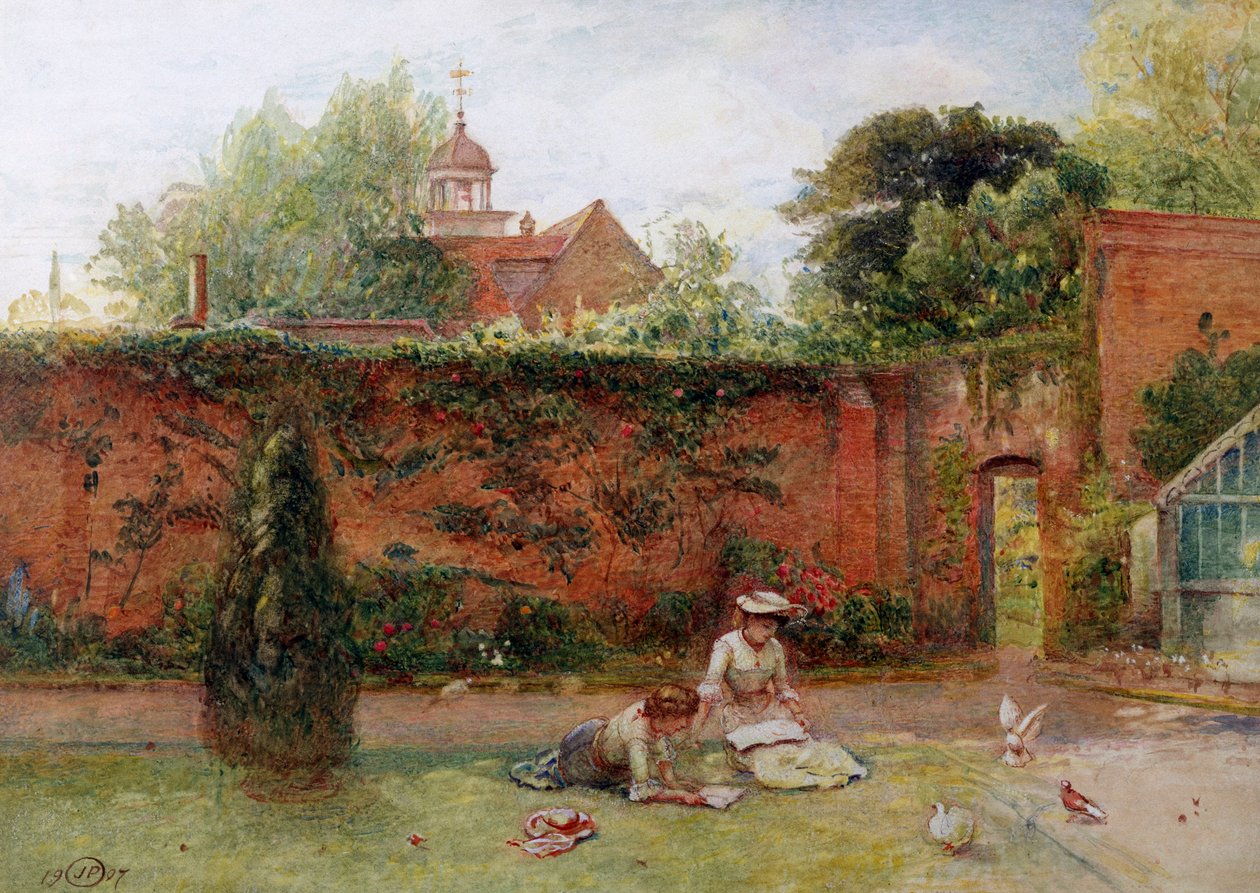 Un giardino recintato. Due giovani adolescenti stanno leggendo in un giardino maturo. Degli uccelli si avvicinano a loro. Dipinto di John Parker (1839-1915) Collezione privata da John Parker