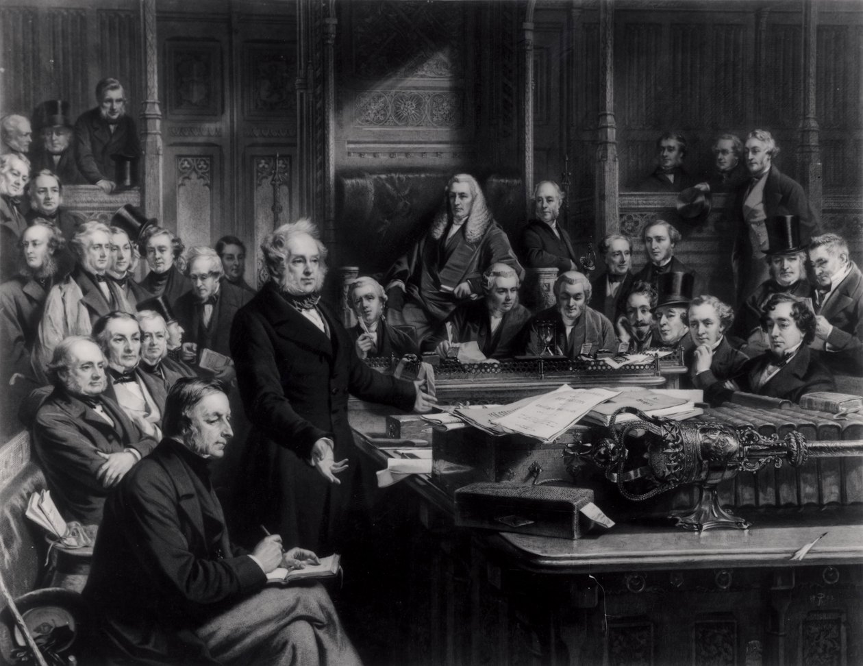 La Camera dei Comuni nel 1860: Lord Palmerston che si rivolge alla Camera durante il dibattito sul trattato con la Francia, inciso da Falkner, 1863 da John Phillip