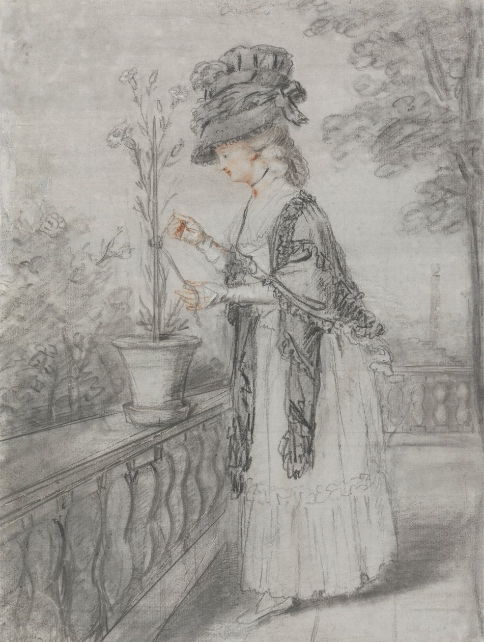 Signora su una terrazza che cura una pianta di garofano da John Raphael Smith