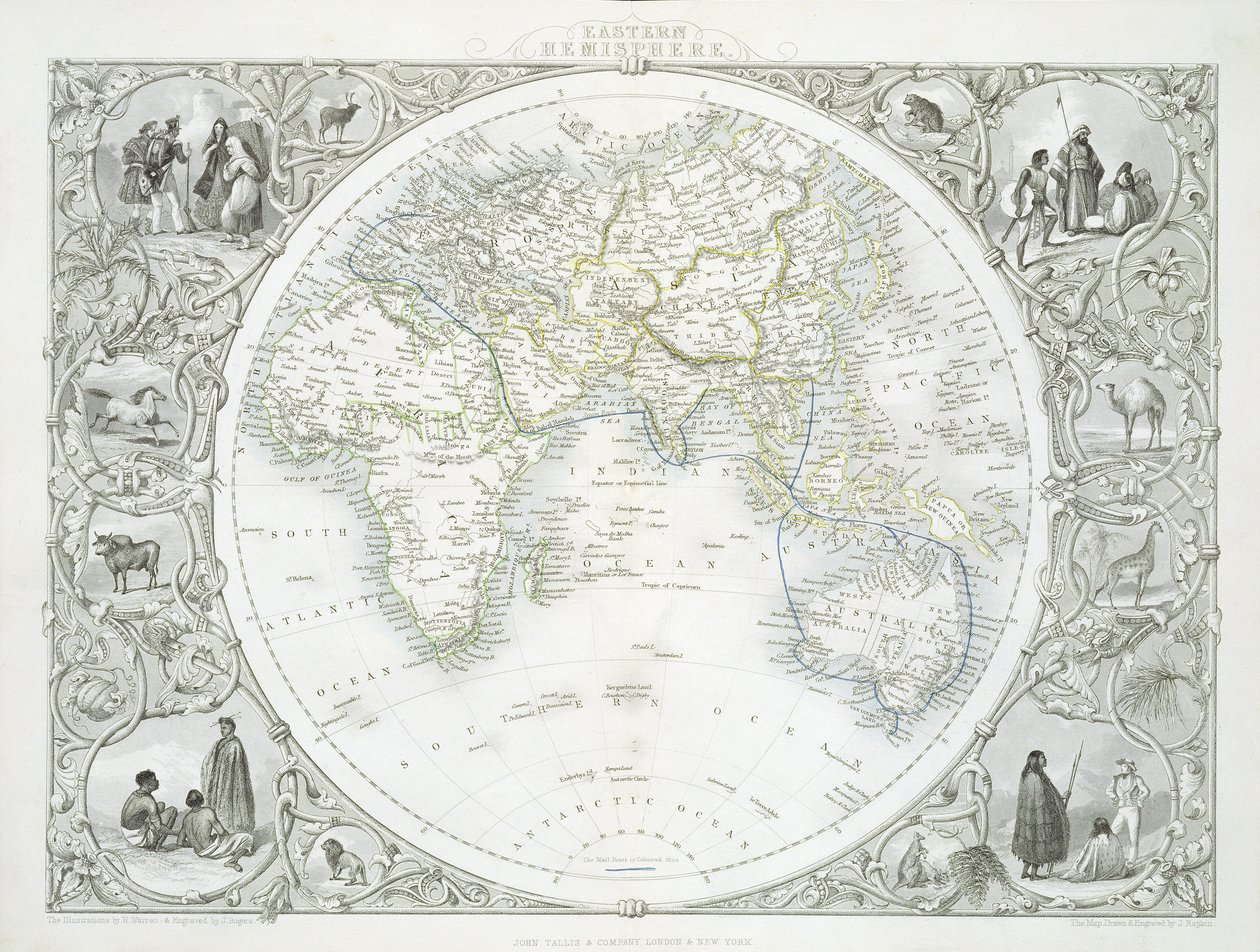Emisfero orientale, da una serie di mappe del mondo pubblicate da John Tallis und Co., New York und London, 1850s da John Rapkin