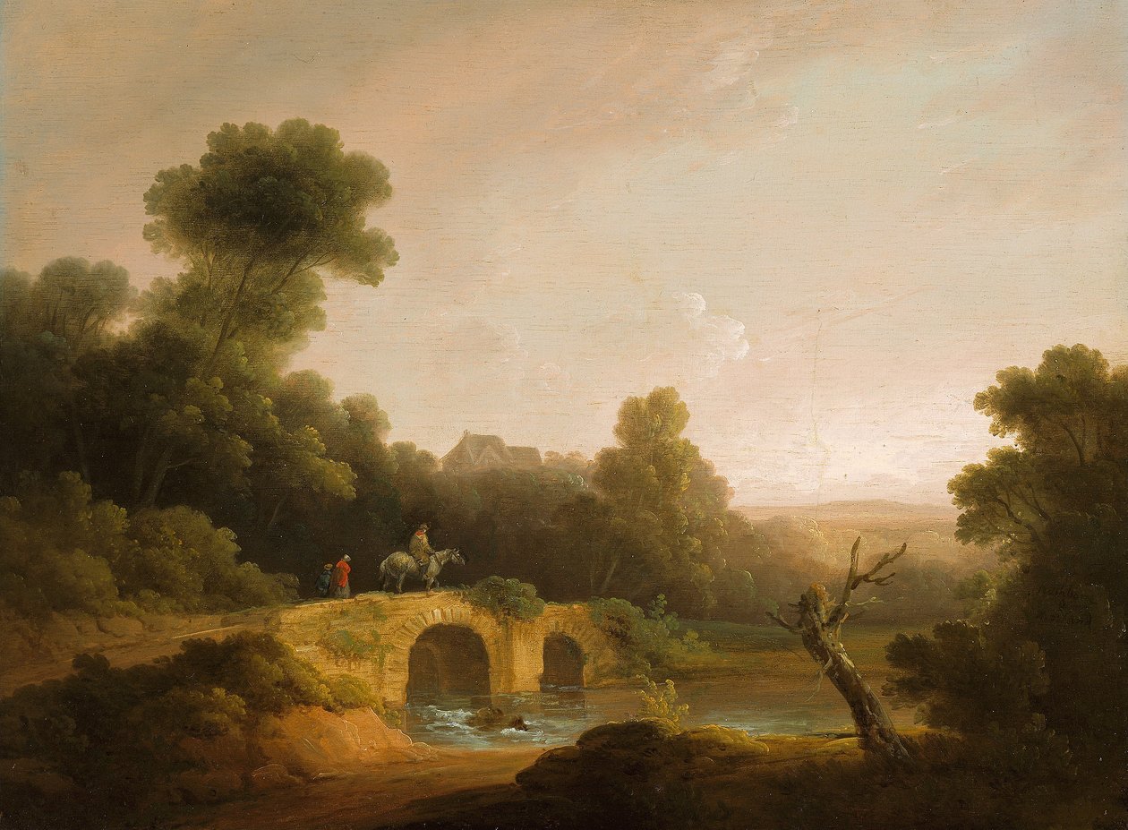 Paesaggio con figure che attraversano un ponte da John Rathbone