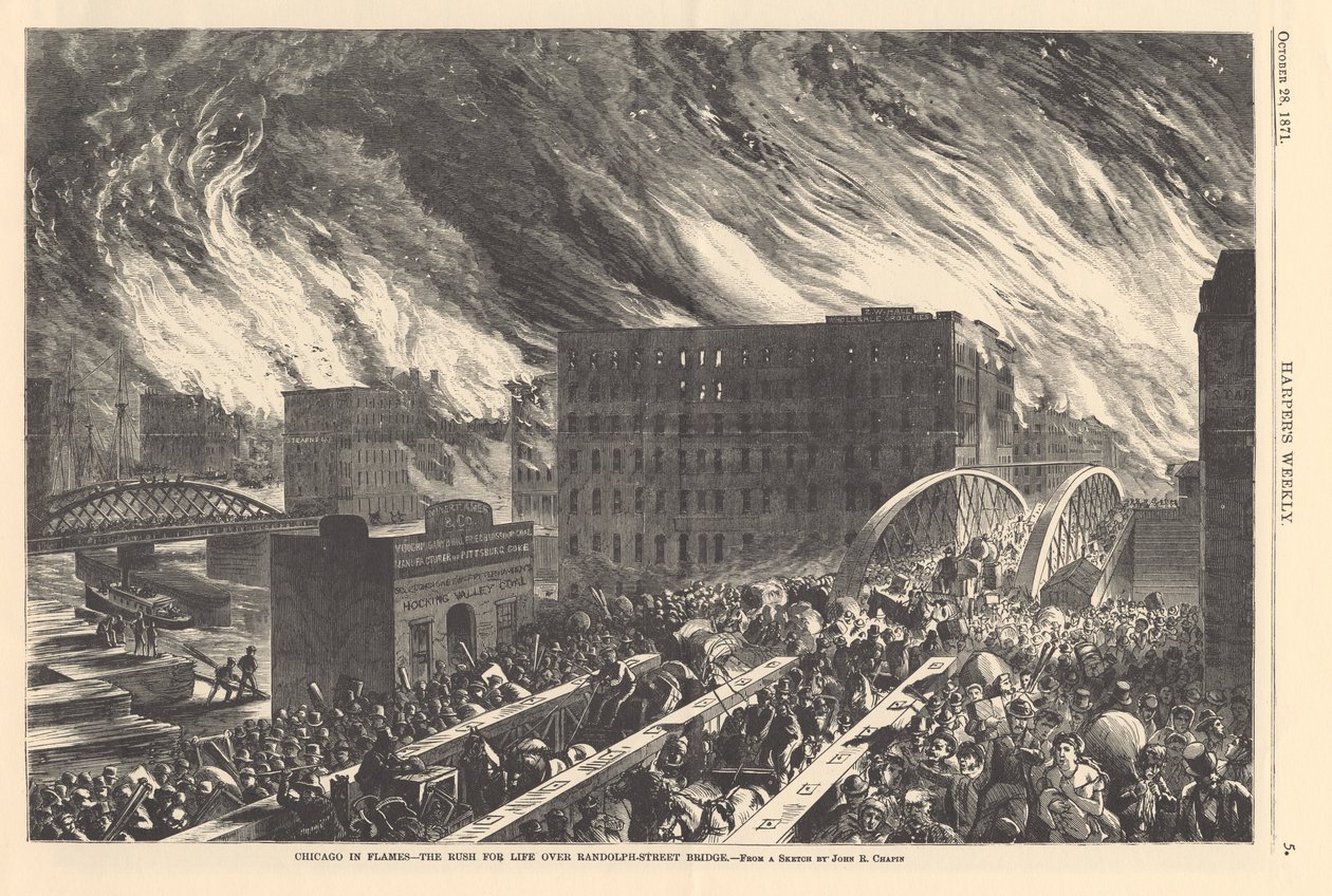 Chicago in fiamme - la corsa per la vita sul ponte di Randolph Street, illustrazione da Harper