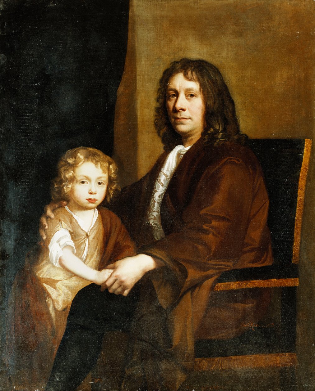 Ritratto di Thomas Rowe e suo figlio, seduti a tre quarti di lunghezza, il primo in un abito marrone, il secondo in un vestito e mantello marrone da John Riley