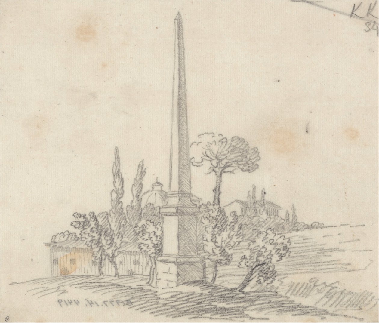 Un obelisco con tetti e alberi in lontananza da John Robert Cozens