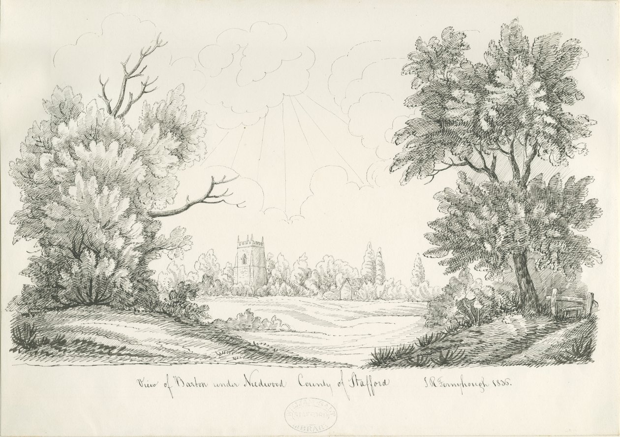 Villaggio di Barton under Needwood (disegno a penna e inchiostro, 1836) da John Robert Fernyhough