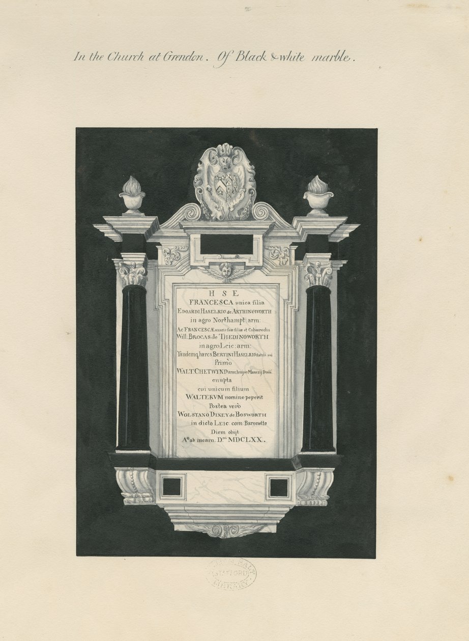 Ingestre - tavoletta a Frances (Hesilrig) Chetwynd da John Robert Fernyhough