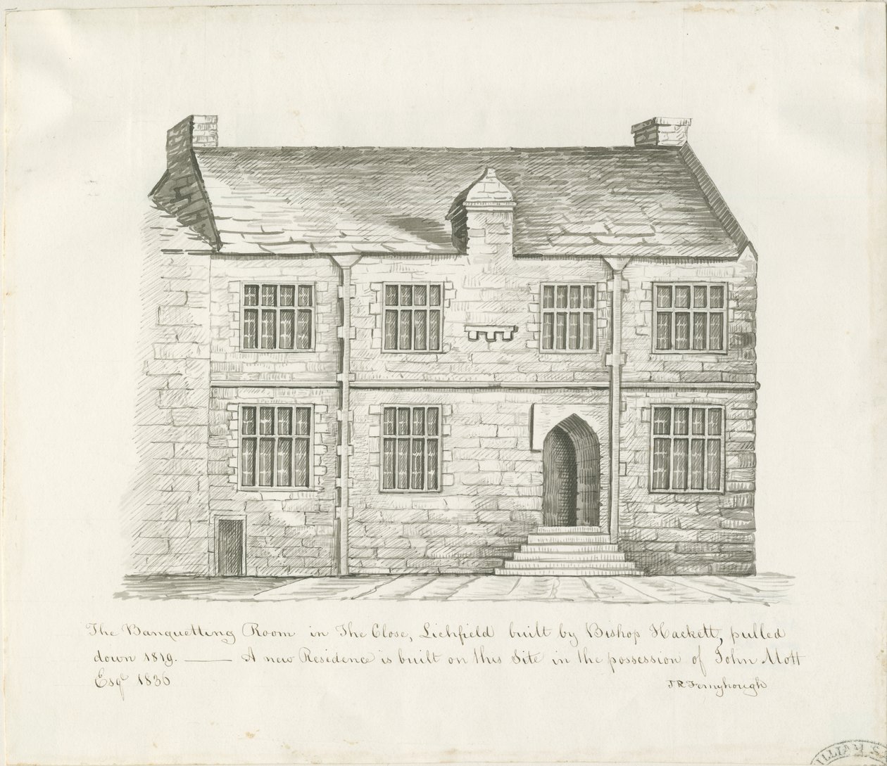 Lichfield - Sala dei banchetti nel The Close: disegno a seppia, nd [inizio XIX sec] (disegno) da John Robert Fernyhough